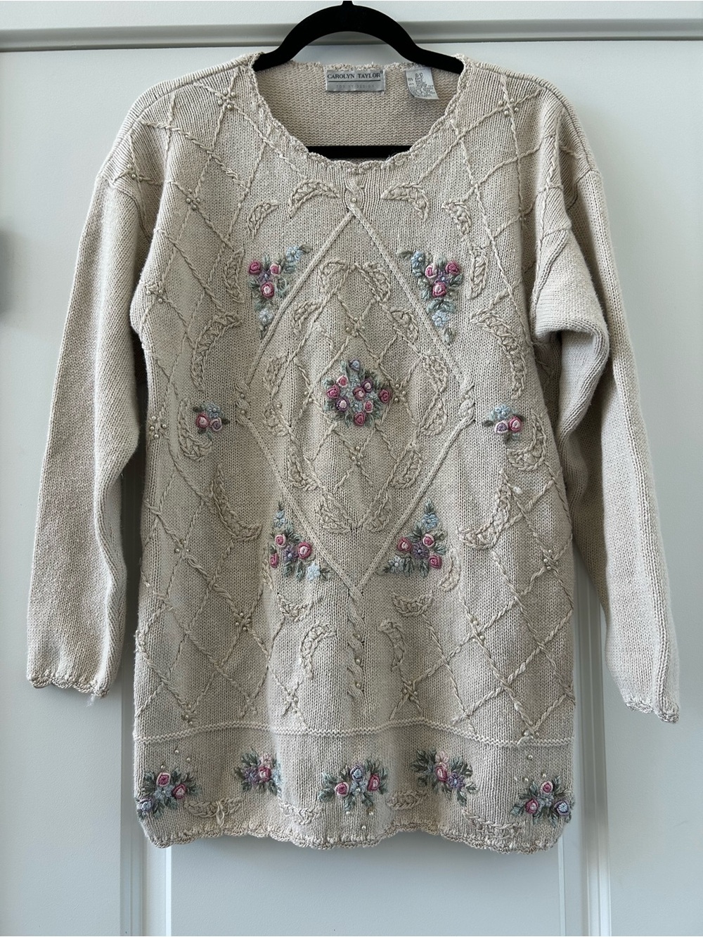 Vintage Carolyn Taylor Floral Embroidered Cottagecore Ramie Cotton Knit Sweater